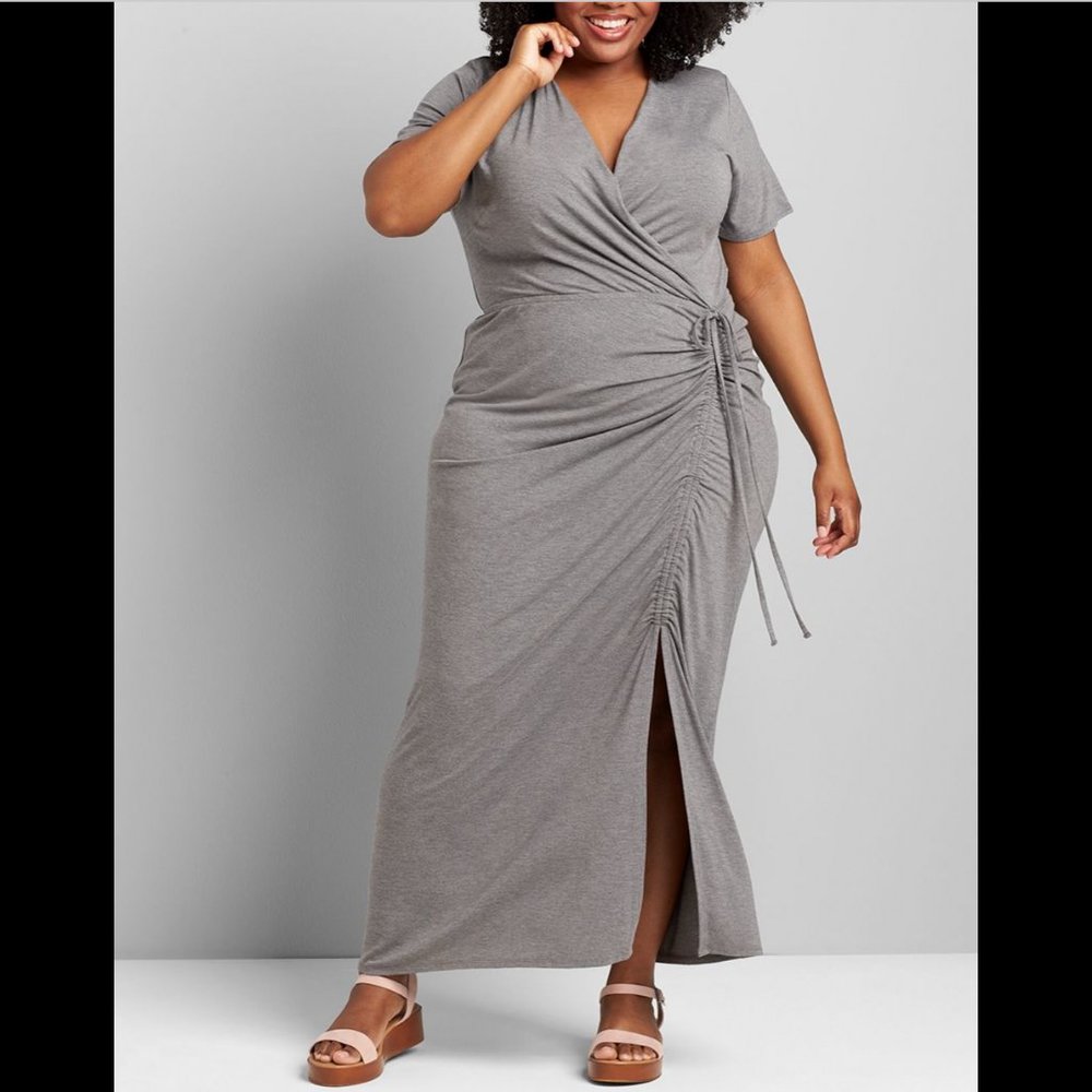 Lane Bryant Gray Crossover Side-Drawstring Maxi D… - image 1